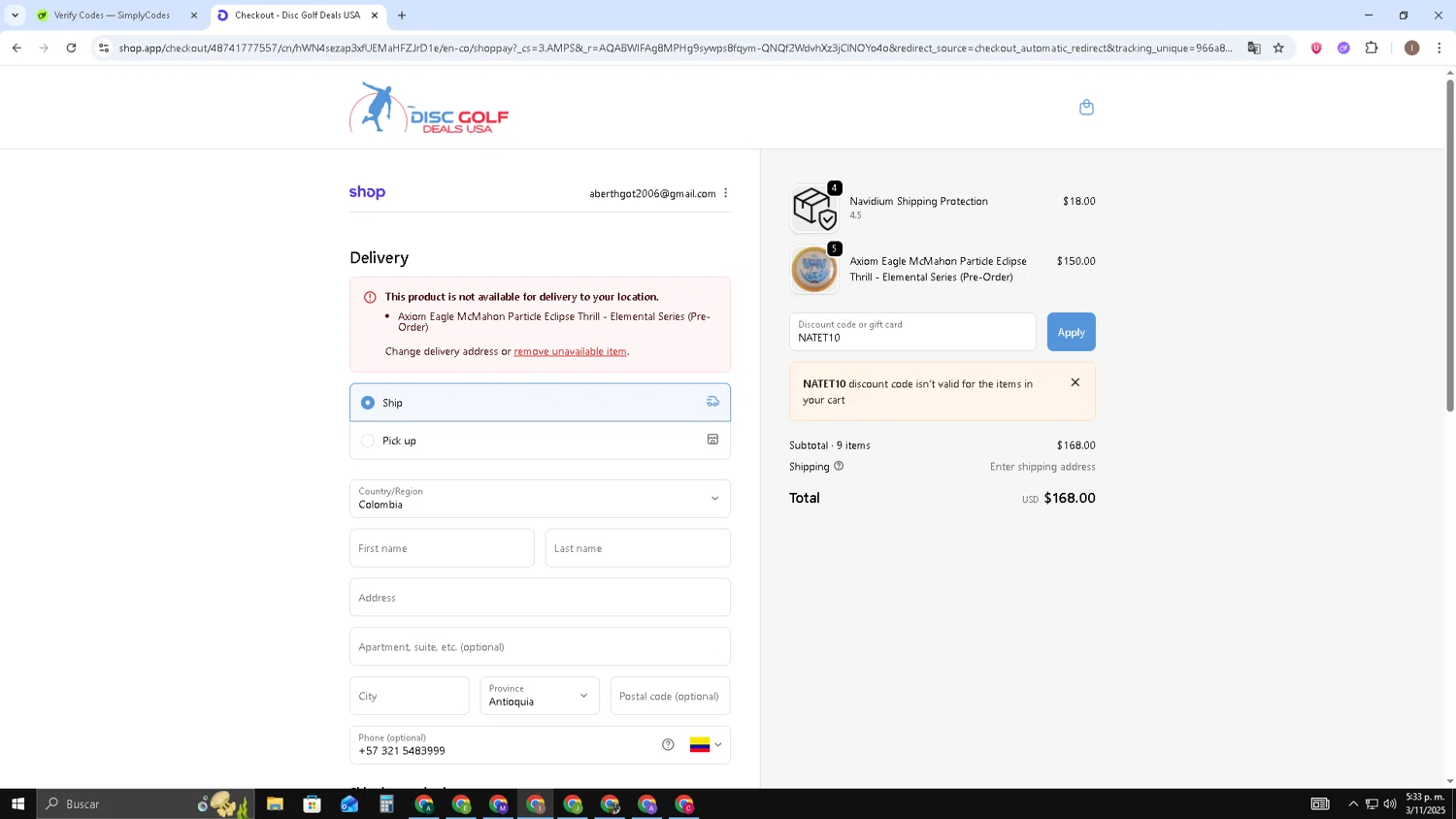 Disc Golf Deals USA discount code screenshot showing code NATET10 applied at Disc Golf Deals USA checkout page. Uploaded by SimplyCodes community member pequenokalvin5 on Nov 3, 2025