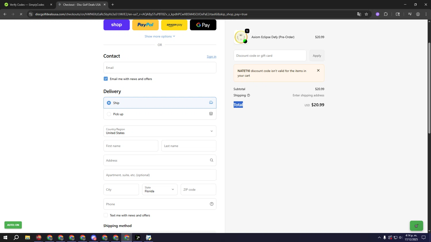 Disc Golf Deals USA discount code screenshot showing code NATET10 applied at Disc Golf Deals USA checkout page. Uploaded by SimplyCodes community member rrrrrrrrrrrrrrrrrrrrrrrrr on Dec 17, 2025