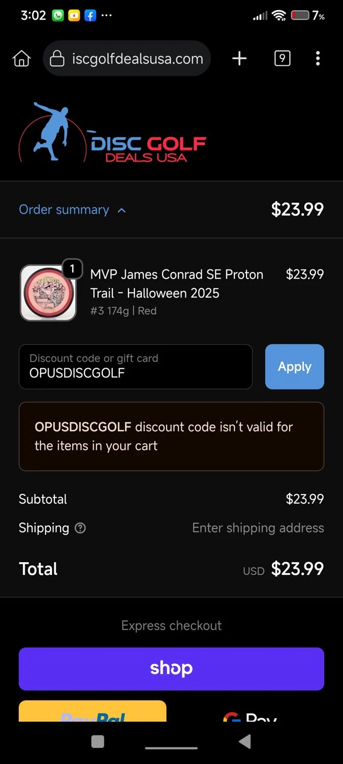 Disc Golf Deals USA discount code screenshot showing code OPUSDISCGOLF applied at Disc Golf Deals USA checkout page. Uploaded by SimplyCodes community member Diego_Soto on Sep 19, 2025