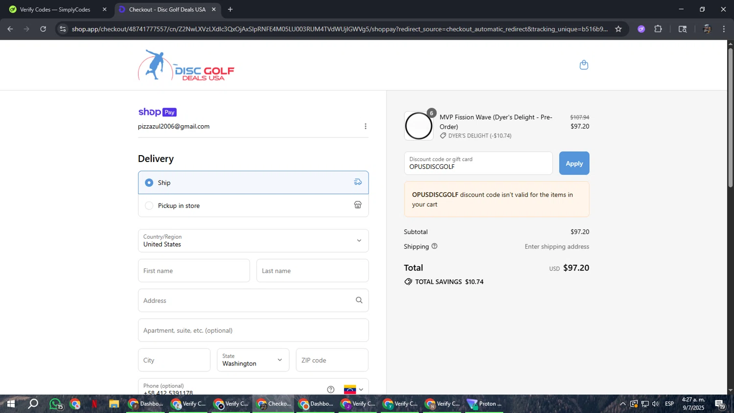 Disc Golf Deals USA discount code screenshot showing code OPUSDISCGOLF applied at Disc Golf Deals USA checkout page. Uploaded by SimplyCodes community member xxdddd on Jul 9, 2025
