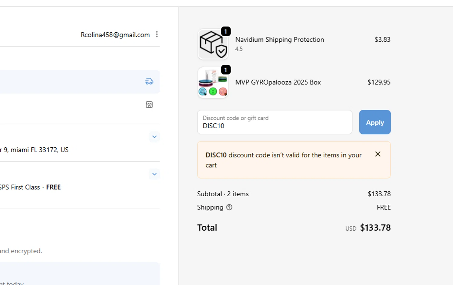 Disc Golf Deals USA discount code screenshot showing code DISC10 applied at Disc Golf Deals USA checkout page. Uploaded by SimplyCodes community member Acidwire on Dec 11, 2025