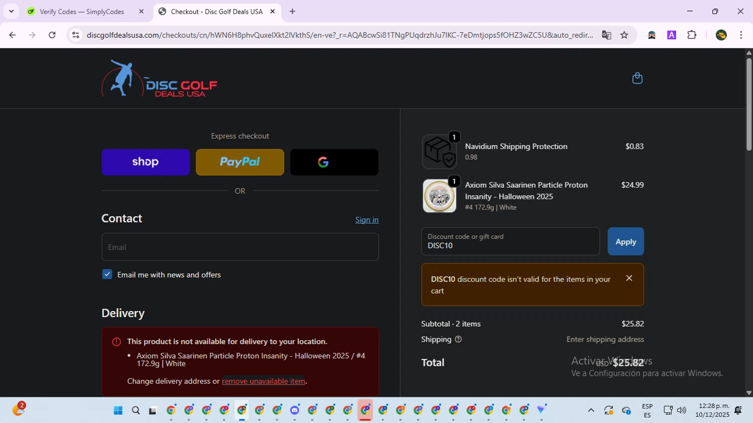 Disc Golf Deals USA discount code screenshot showing code DISC10 applied at Disc Golf Deals USA checkout page. Uploaded by SimplyCodes community member RewardNavigator9728 on Dec 10, 2025