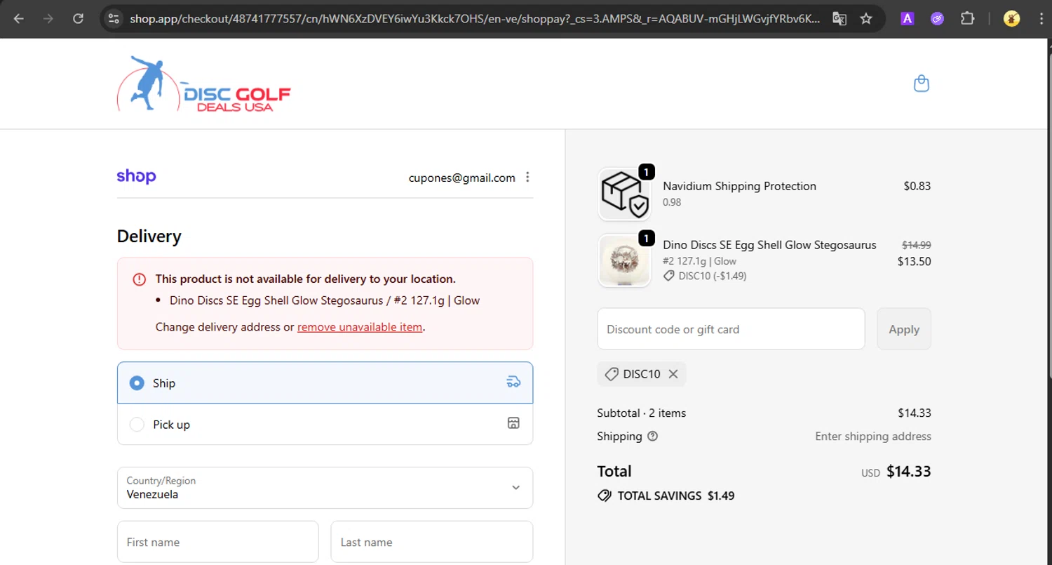 Disc Golf Deals USA discount code screenshot showing code DISC10 applied at Disc Golf Deals USA checkout page. Uploaded by SimplyCodes community member SmartVoyager1455 on Dec 17, 2025