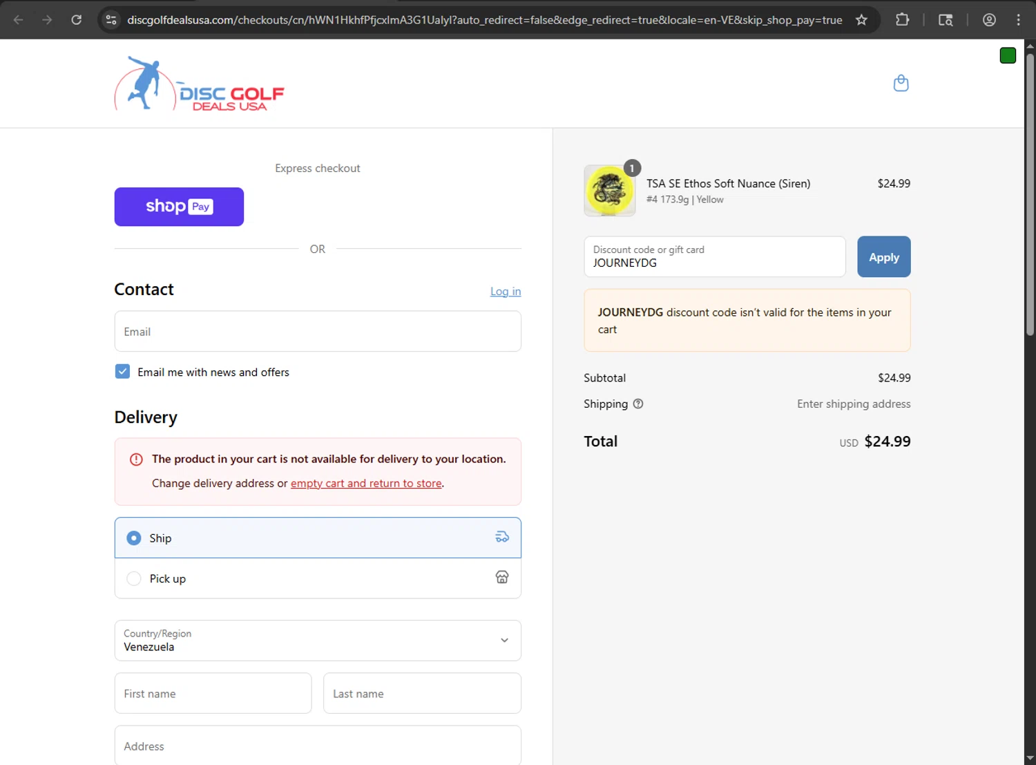 Disc Golf Deals USA discount code screenshot showing code JOURNEYDG applied at Disc Golf Deals USA checkout page. Uploaded by SimplyCodes community member megagei on Aug 1, 2025