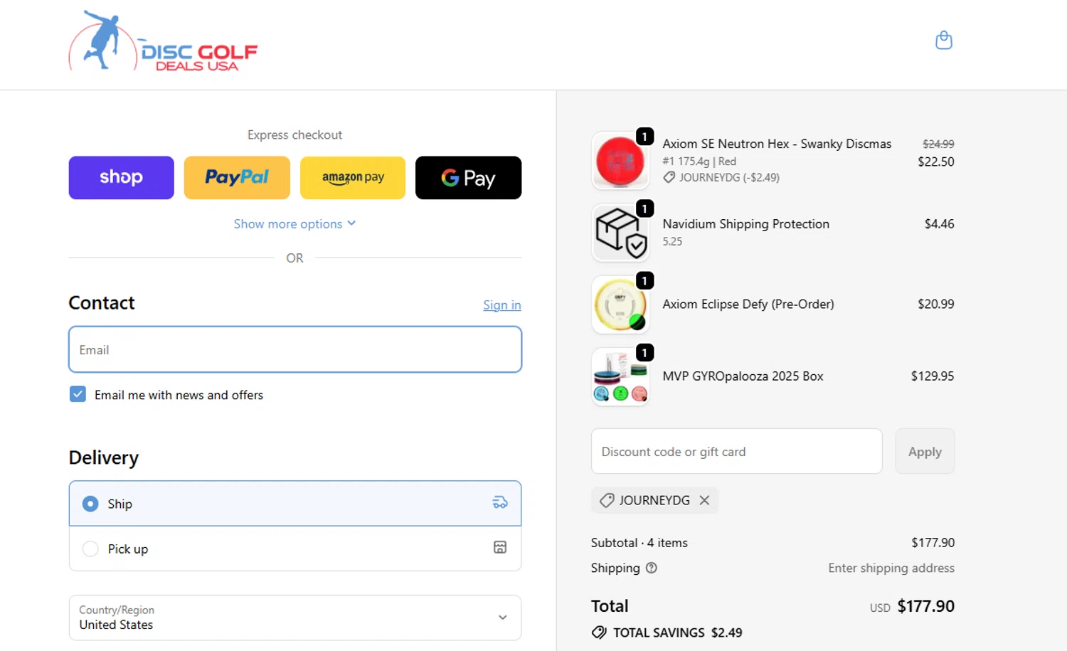 Disc Golf Deals USA discount code screenshot showing code JOURNEYDG applied at Disc Golf Deals USA checkout page. Uploaded by SimplyCodes community member ScanEagle7415 on Dec 11, 2025