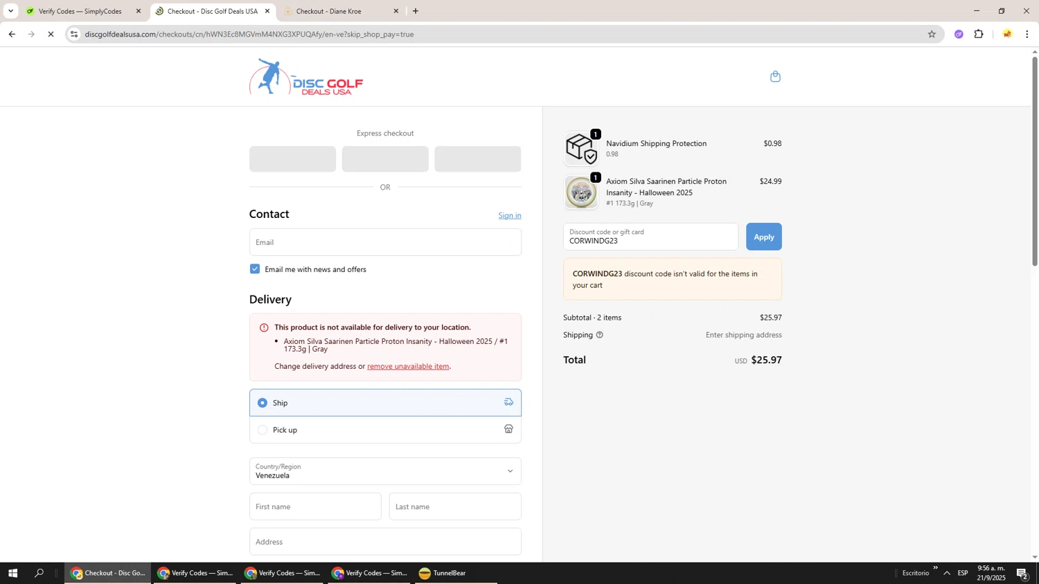 Disc Golf Deals USA discount code screenshot showing code CORWINDG23 applied at Disc Golf Deals USA checkout page. Uploaded by SimplyCodes community member Richard251 on Sep 21, 2025