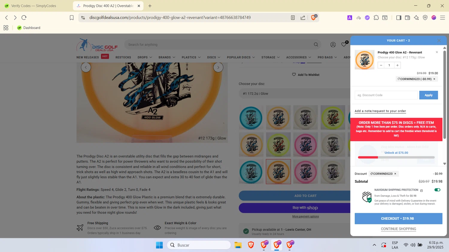 Disc Golf Deals USA discount code screenshot showing code CORWINDG23 applied at Disc Golf Deals USA checkout page. Uploaded by SimplyCodes community member SwiftTracker9305 on Sep 29, 2025