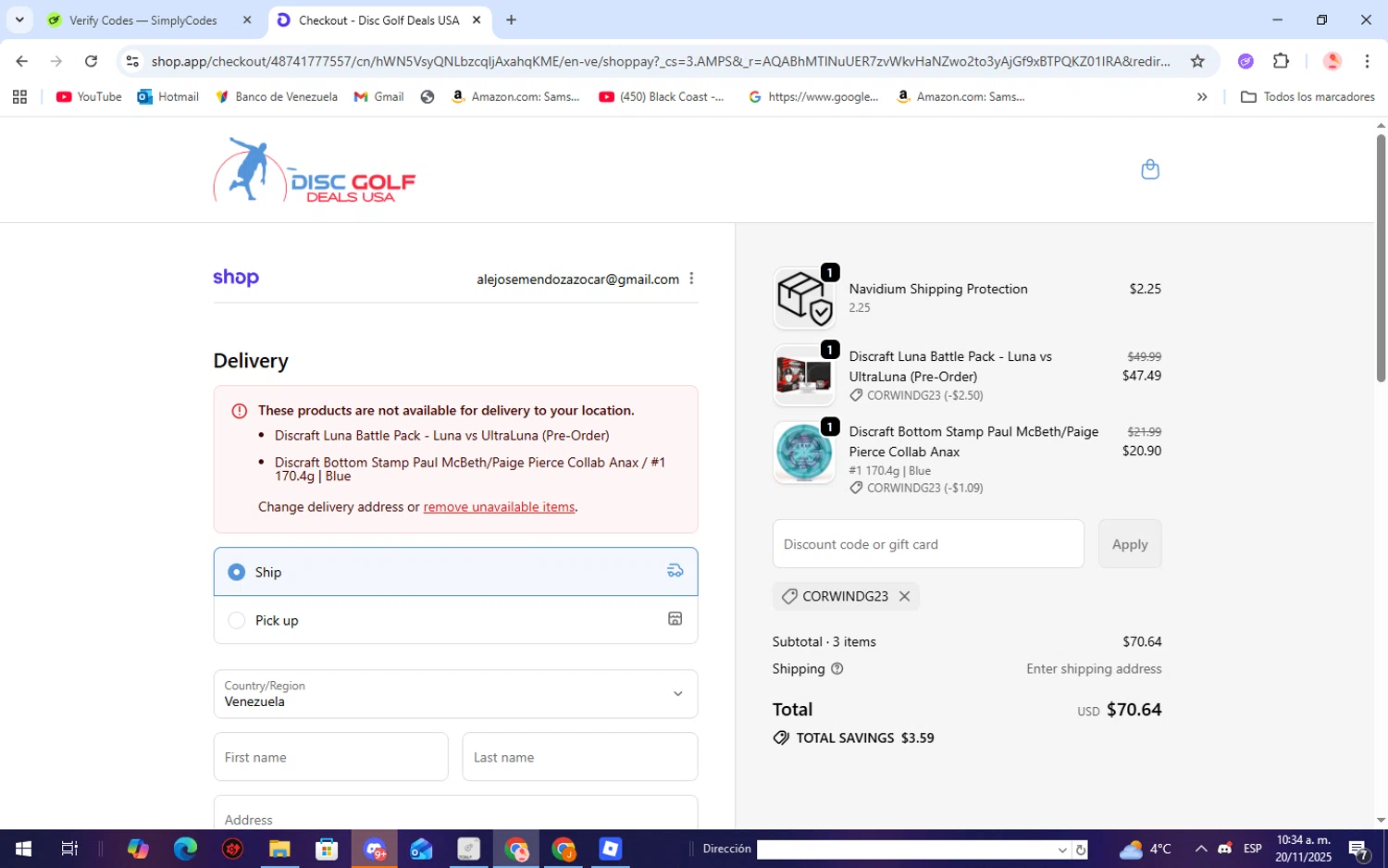 Disc Golf Deals USA discount code screenshot showing code CORWINDG23 applied at Disc Golf Deals USA checkout page. Uploaded by SimplyCodes community member WiseScholar9036 on Nov 20, 2025