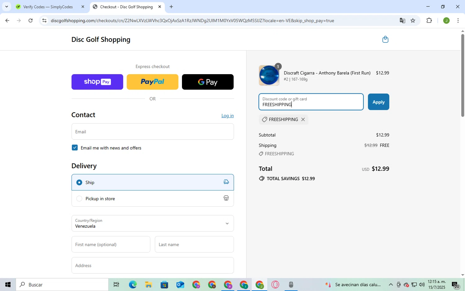 Disc Golf Shopping discount code screenshot showing code FREESHIPPING applied at Disc Golf Shopping checkout page. Uploaded by SimplyCodes community member BukayoSaka on Jul 14, 2025