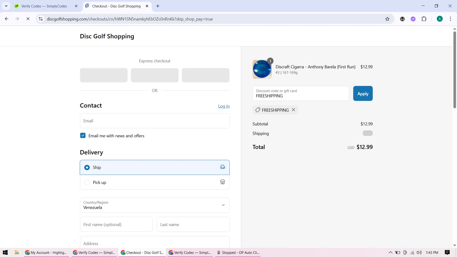 Disc Golf Shopping discount code screenshot showing code FREESHIPPING applied at Disc Golf Shopping checkout page. Uploaded by SimplyCodes community member ShieldHunter3846 on Aug 5, 2025