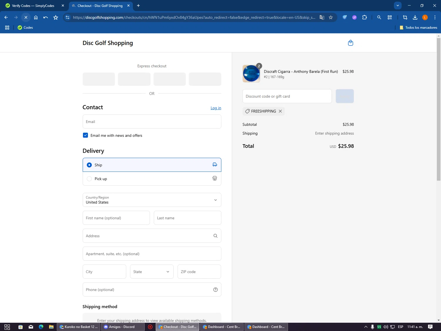Disc Golf Shopping discount code screenshot showing code FREESHIPPING applied at Disc Golf Shopping checkout page. Uploaded by SimplyCodes community member VictoriousSentinel2155 on Aug 17, 2025