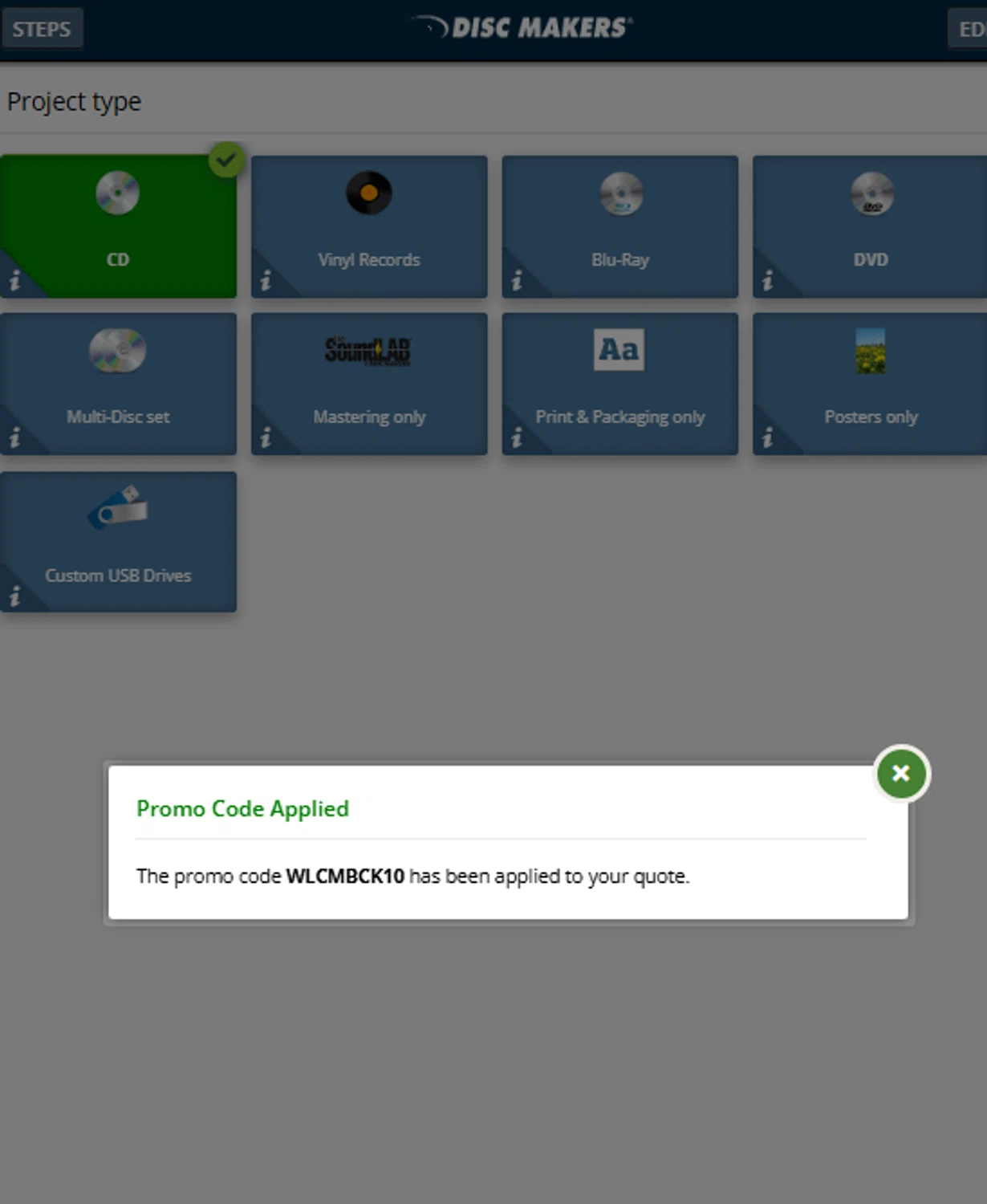 Disc Makers promo code screenshot showing code WLCMBCK10 applied at Disc Makers checkout page. Uploaded by SimplyCodes community member ElonMusk on Jul 25, 2025