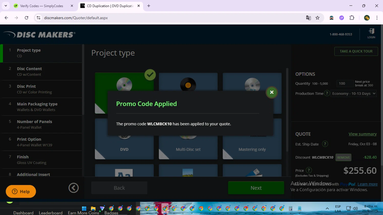 Disc Makers promo code screenshot showing code WLCMBCK10 applied at Disc Makers checkout page. Uploaded by SimplyCodes community member RewardNavigator9728 on Sep 21, 2025