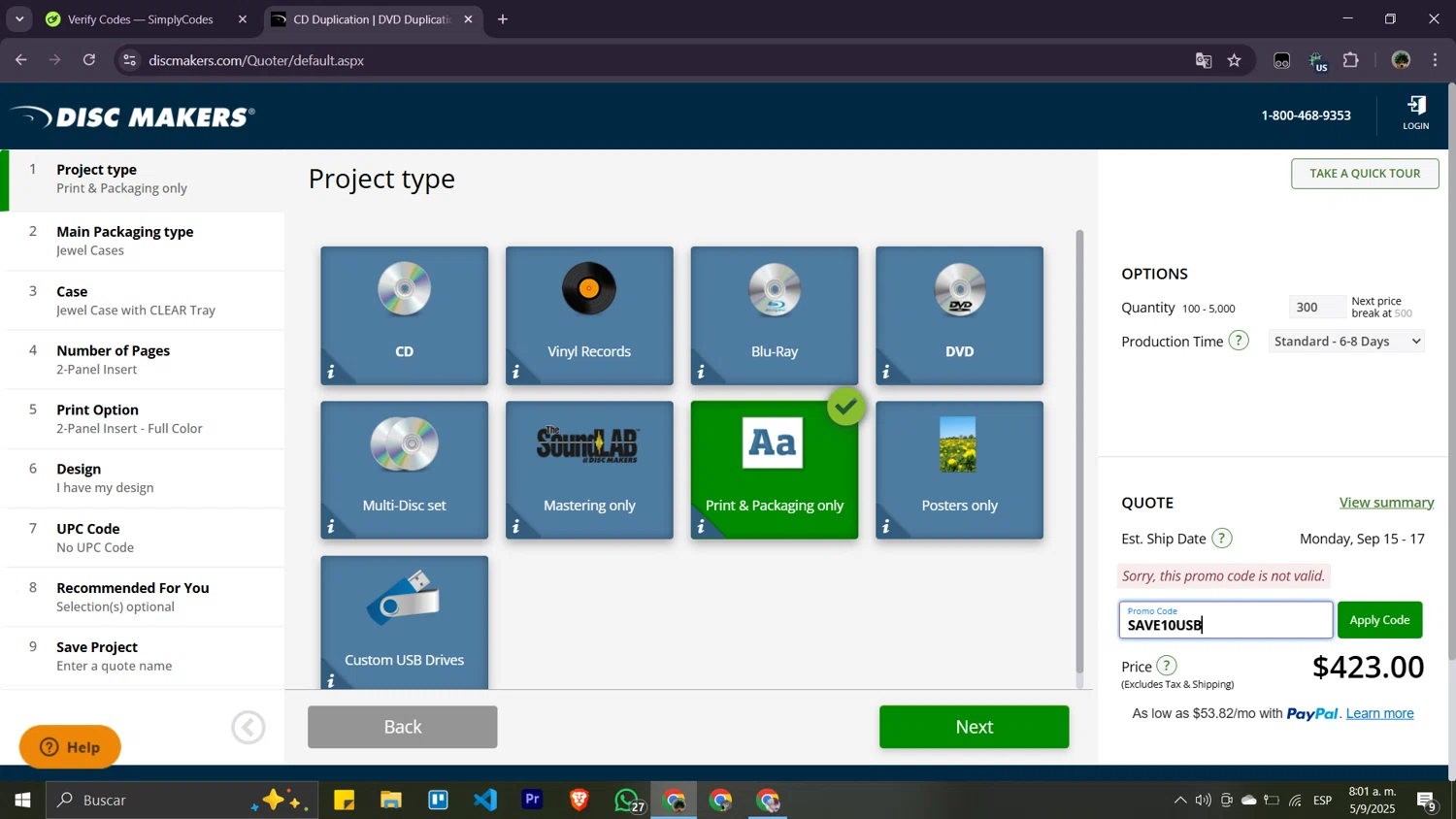 Disc Makers promo code screenshot showing code SAVE10USB applied at Disc Makers checkout page. Uploaded by SimplyCodes community member Moisesdk0 on Sep 5, 2025