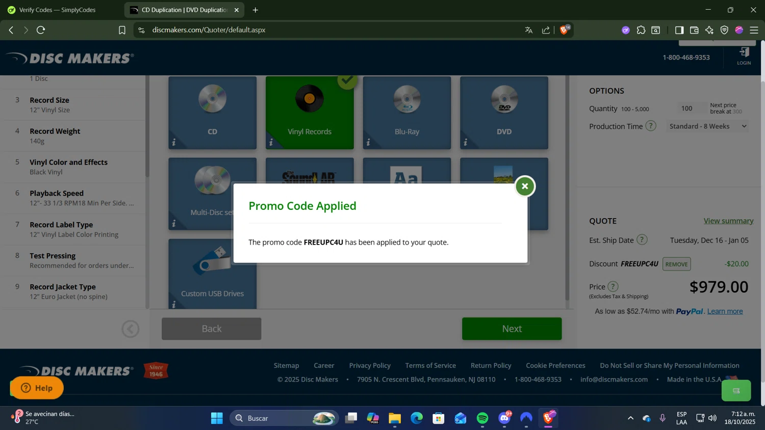 Disc Makers promo code screenshot showing code FREEUPC4U applied at Disc Makers checkout page. Uploaded by SimplyCodes community member CocuydePenca on Oct 18, 2025