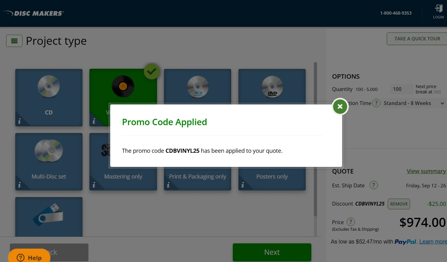 Disc Makers promo code screenshot showing code CDBVINYL25 applied at Disc Makers checkout page. Uploaded by SimplyCodes community member perrasimplera on Jul 16, 2025