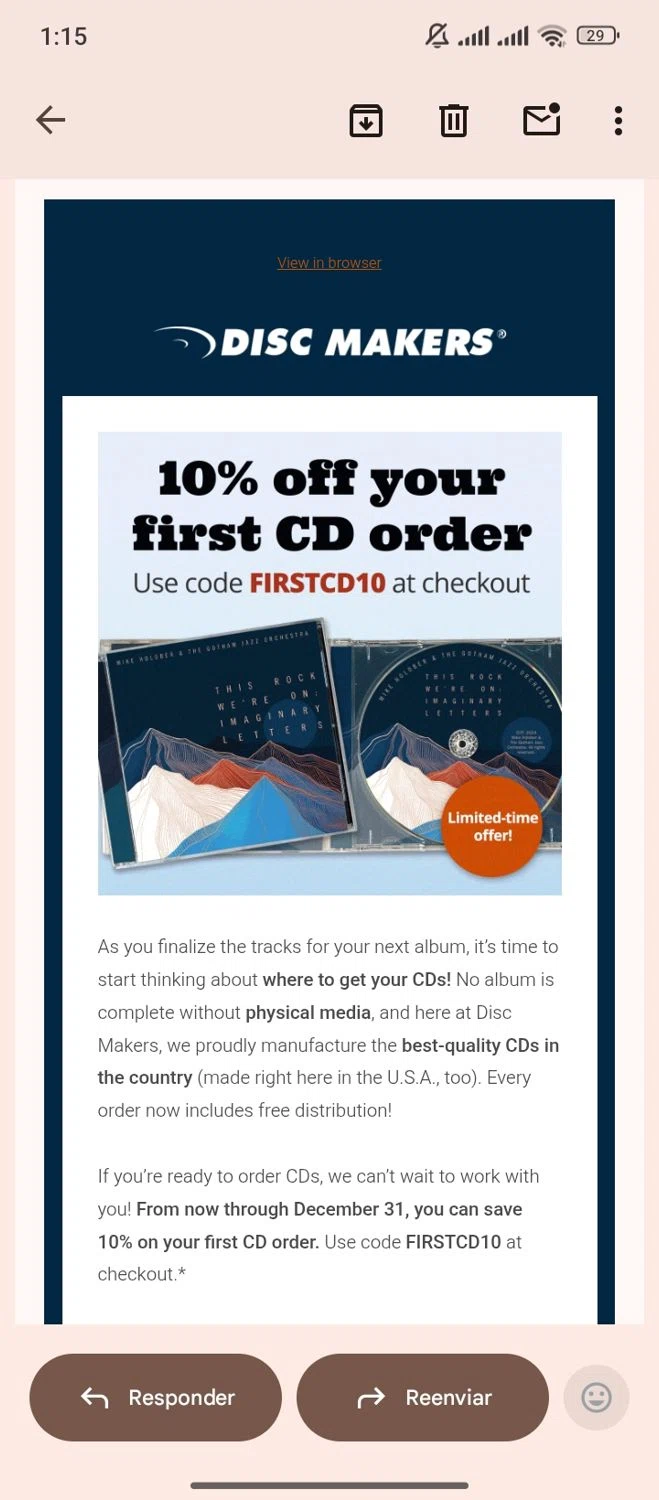 Disc Makers promo code screenshot showing code FIRSTCD10 applied at Disc Makers checkout page. Uploaded by SimplyCodes community member ParisSmith on Nov 21, 2025