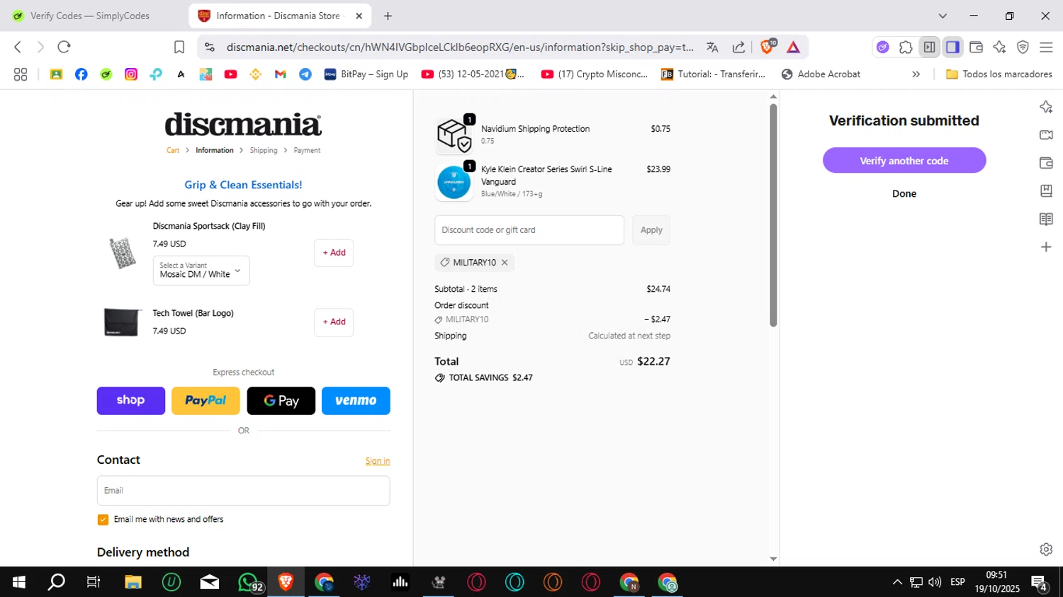 Discmania Store promo code screenshot showing code military10 applied at Discmania Store checkout page. Uploaded by SimplyCodes community member Sungjinwoo on Oct 19, 2025