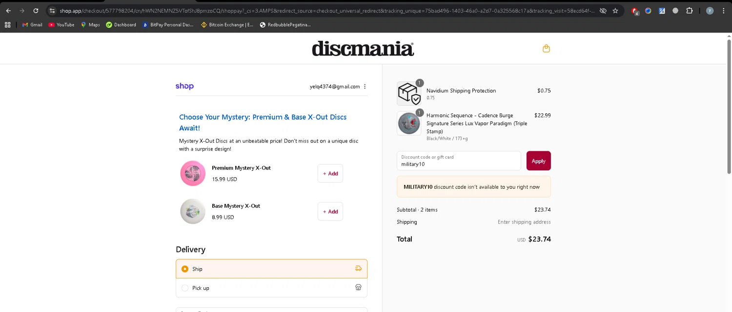 Discmania Store promo code screenshot showing code military10 applied at Discmania Store checkout page. Uploaded by SimplyCodes community member YJMQ95 on Aug 29, 2025