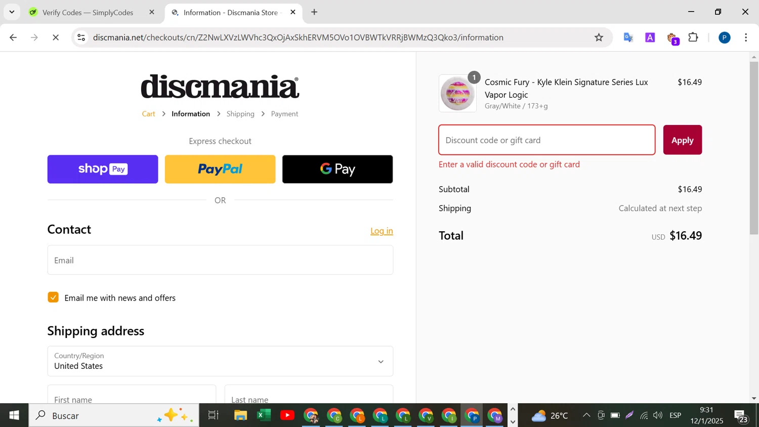Discmania Store promo code screenshot showing code teamdiscmania24 applied at Discmania Store checkout page. Uploaded by SimplyCodes community member BrilliantMaven4588 on Jan 12, 2025
