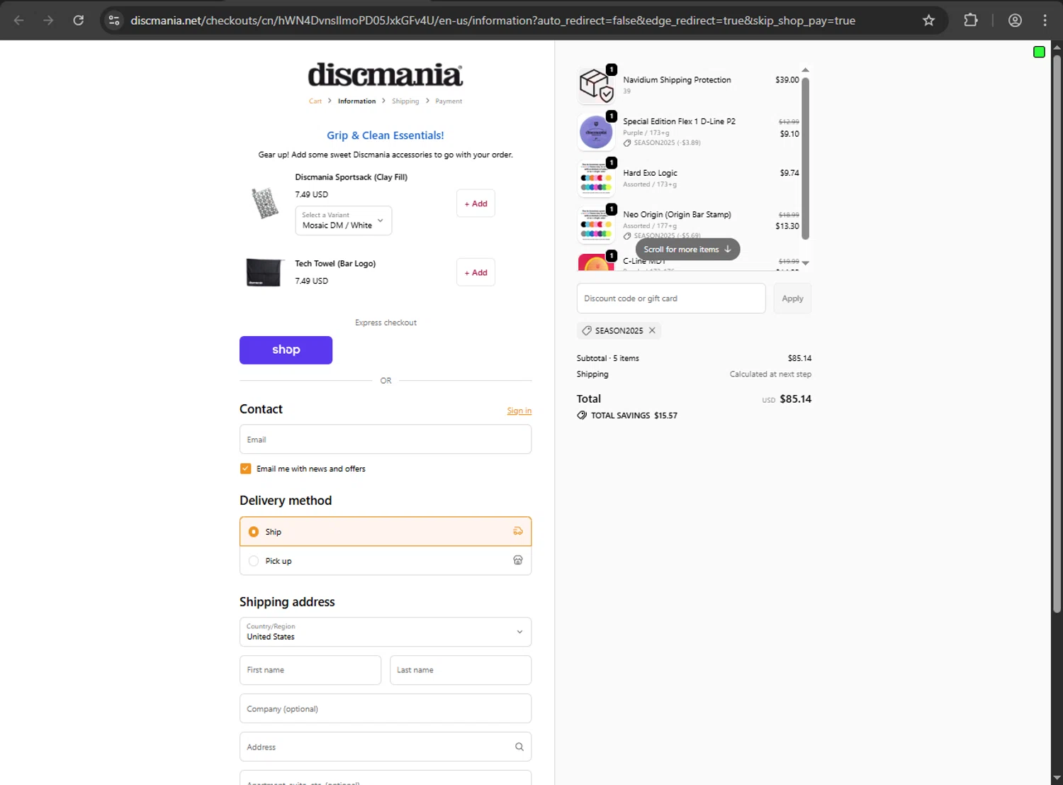 Discmania Store promo code screenshot showing code SEASON2025 applied at Discmania Store checkout page. Uploaded by SimplyCodes community member CodeEagle1166 on Oct 17, 2025