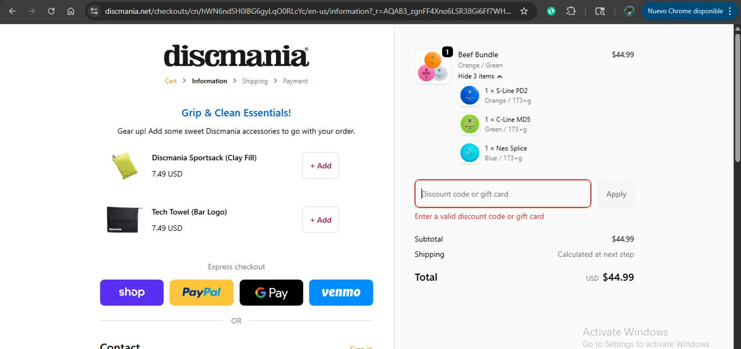 Discmania Store promo code screenshot showing code GIMME5 applied at Discmania Store checkout page. Uploaded by SimplyCodes community member MariaCorinaMachado on Dec 24, 2025