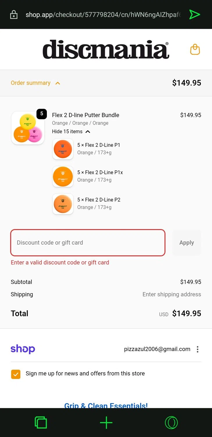 Discmania Store promo code screenshot showing code GIMME5 applied at Discmania Store checkout page. Uploaded by SimplyCodes community member ShrewdSeeker6165 on Dec 24, 2025