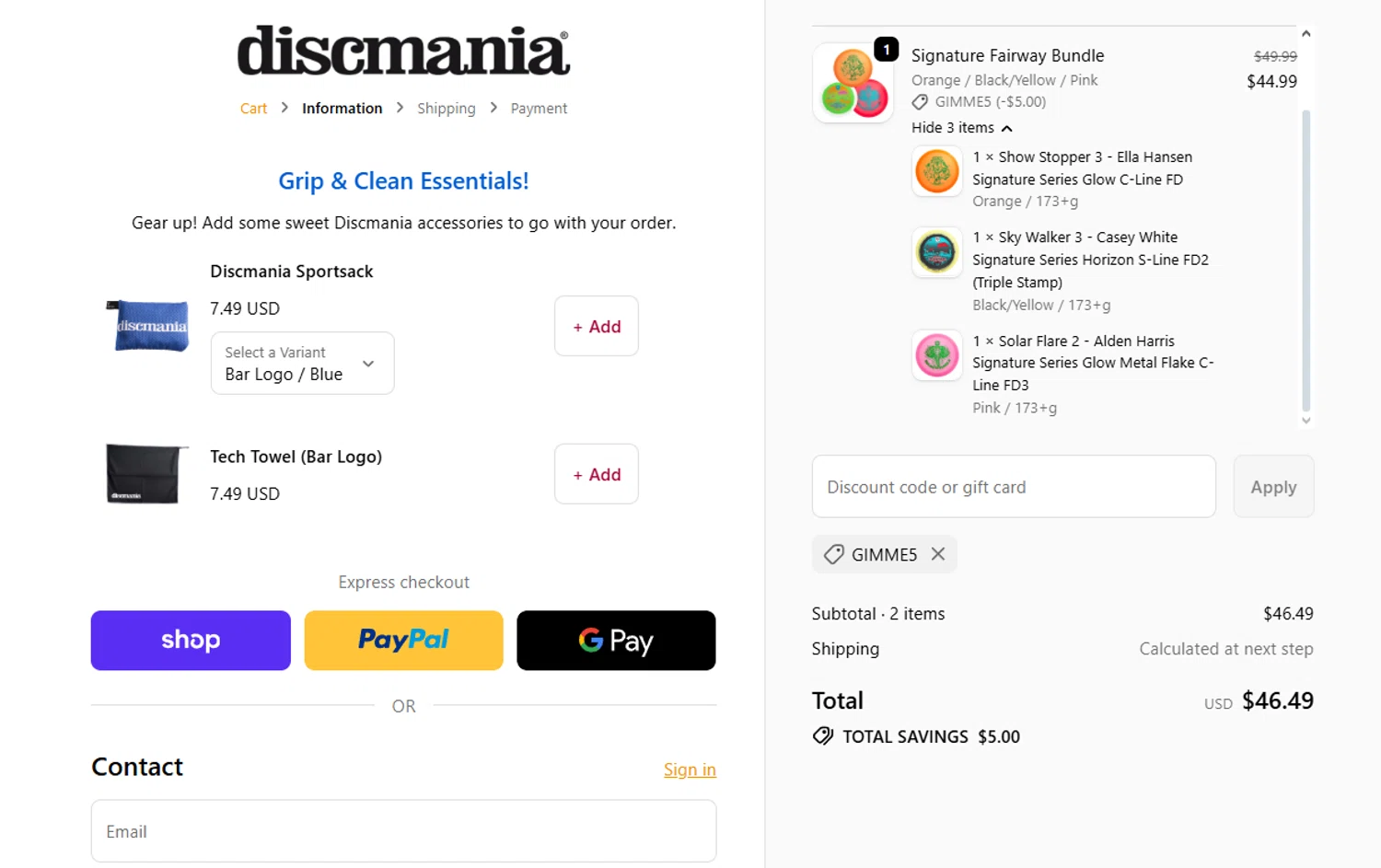 Discmania Store promo code screenshot showing code GIMME5 applied at Discmania Store checkout page. Uploaded by SimplyCodes community member jesspea on Dec 8, 2025