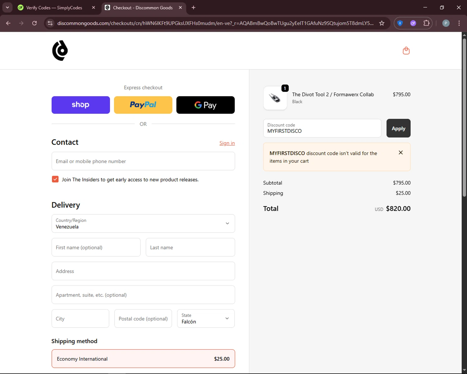 Discommon Goods promo code screenshot showing code MYFIRSTDISCO applied at Discommon Goods checkout page. Uploaded by SimplyCodes community member DiscountEagle6247 on Dec 11, 2025