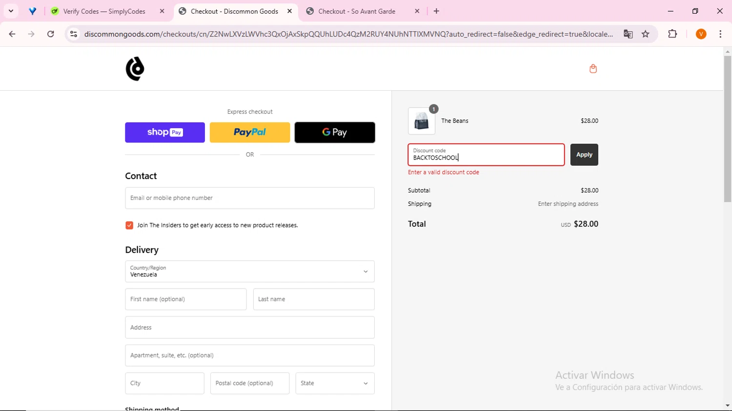Discommon Goods promo code screenshot showing code BACKTOSCHOOL applied at Discommon Goods checkout page. Uploaded by SimplyCodes community member FortunateFinder9465 on Jan 28, 2025