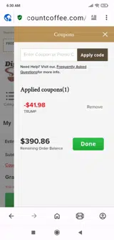 Trump coupon verification screenshot