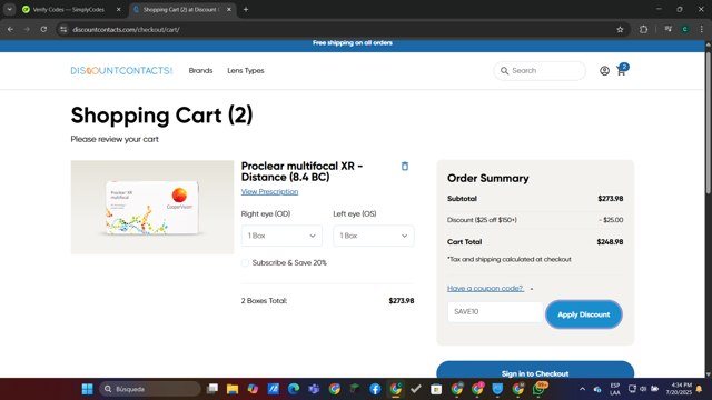 Discount Contacts checkout page showing Discount Contacts promo code box | Screenshot taken by SimplyCodes community member on Jul 20, 2025