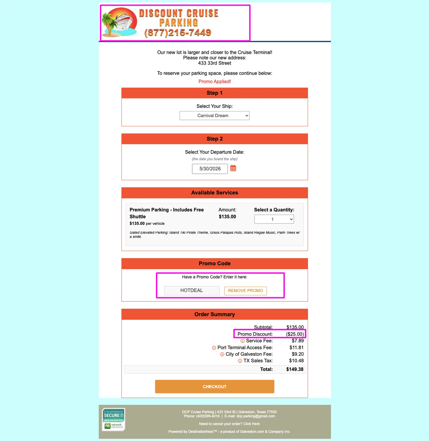 Discount Cruise Parking promo code screenshot showing code HOTDEAL applied at Discount Cruise Parking checkout page. Uploaded by SimplyCodes community member mrdarcy on May 22, 2026