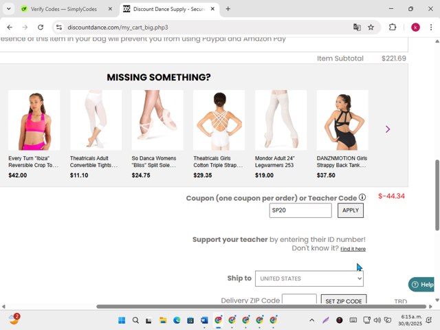 Discount Dance Supply checkout page showing Discount Dance Supply promo code box | Screenshot taken by SimplyCodes community member on Aug 30, 2025