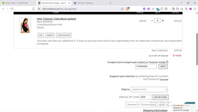 Discount Dance Supply checkout page showing Discount Dance Supply promo code box | Screenshot taken by SimplyCodes community member on Aug 25, 2025