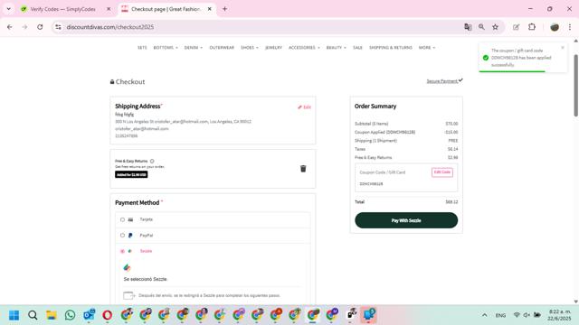 Discount Divas checkout page showing Discount Divas coupon code box | Screenshot taken by SimplyCodes community member on Jun 22, 2025