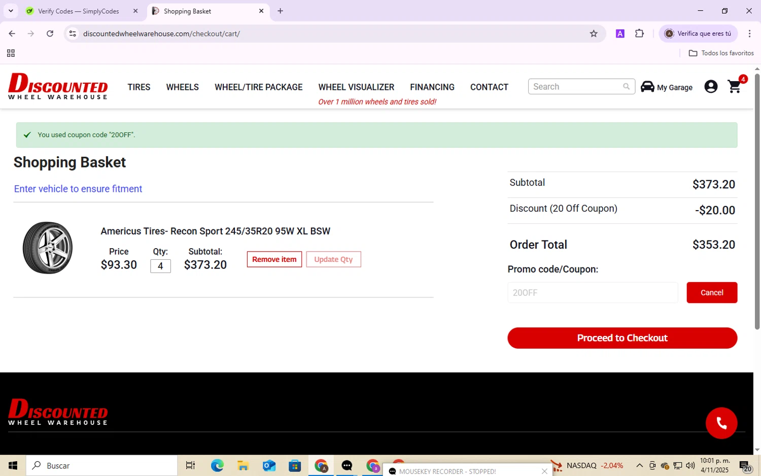 Discounted Wheel Warehouse promo code screenshot showing code 20OFF applied at Discounted Wheel Warehouse checkout page. Uploaded by SimplyCodes community member SmartShopper4328 on Nov 4, 2025