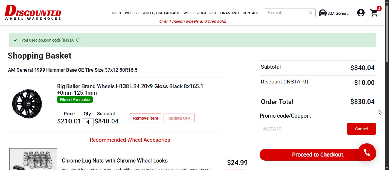 Discounted Wheel Warehouse promo code screenshot showing code INSTA10 applied at Discounted Wheel Warehouse checkout page. Uploaded by SimplyCodes community member Enmanuel99 on Oct 7, 2025