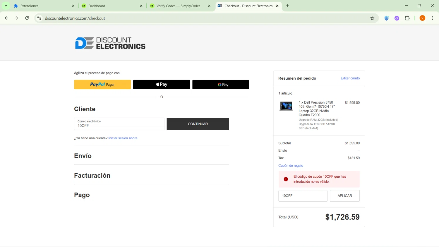 Discount Electronics promo code screenshot showing code 10OFF applied at Discount Electronics checkout page. Uploaded by SimplyCodes community member GoldFox1696 on Oct 28, 2025