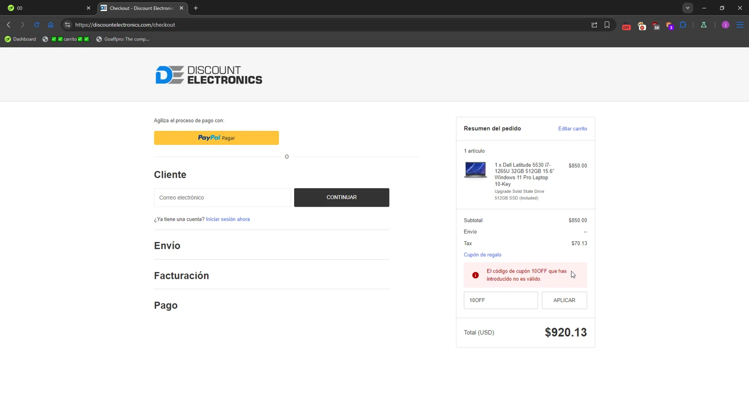 Discount Electronics promo code screenshot showing code 10OFF applied at Discount Electronics checkout page. Uploaded by SimplyCodes community member WonderMaverick6123 on Oct 28, 2025