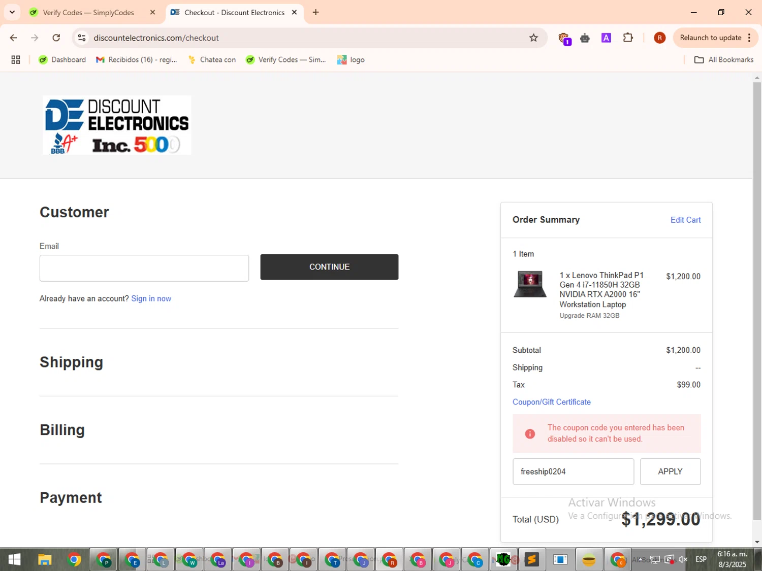 Discount Electronics promo code screenshot showing code freeship0204 applied at Discount Electronics checkout page. Uploaded by SimplyCodes community member QuestKnight8819 on Mar 8, 2025