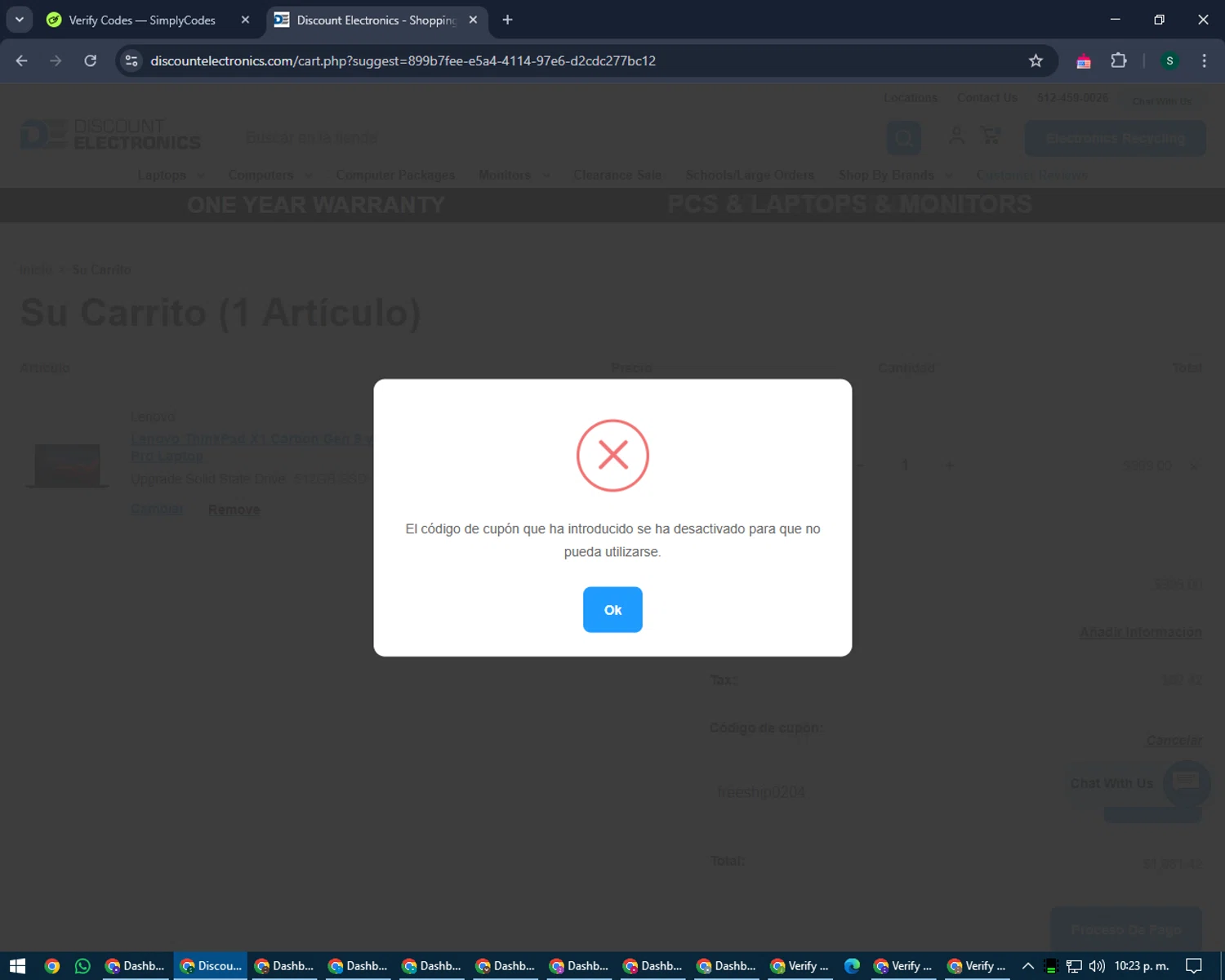 Discount Electronics promo code screenshot showing code freeship0204 applied at Discount Electronics checkout page. Uploaded by SimplyCodes community member lilMosey on Mar 8, 2025