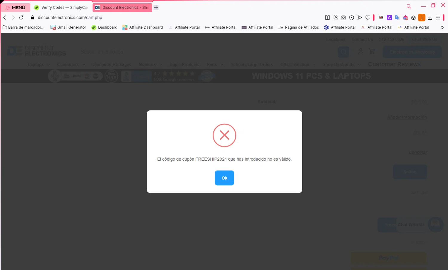 Discount Electronics promo code screenshot showing code FREESHIP2024 applied at Discount Electronics checkout page. Uploaded by SimplyCodes community member WonderVirtuoso6294 on Feb 5, 2025