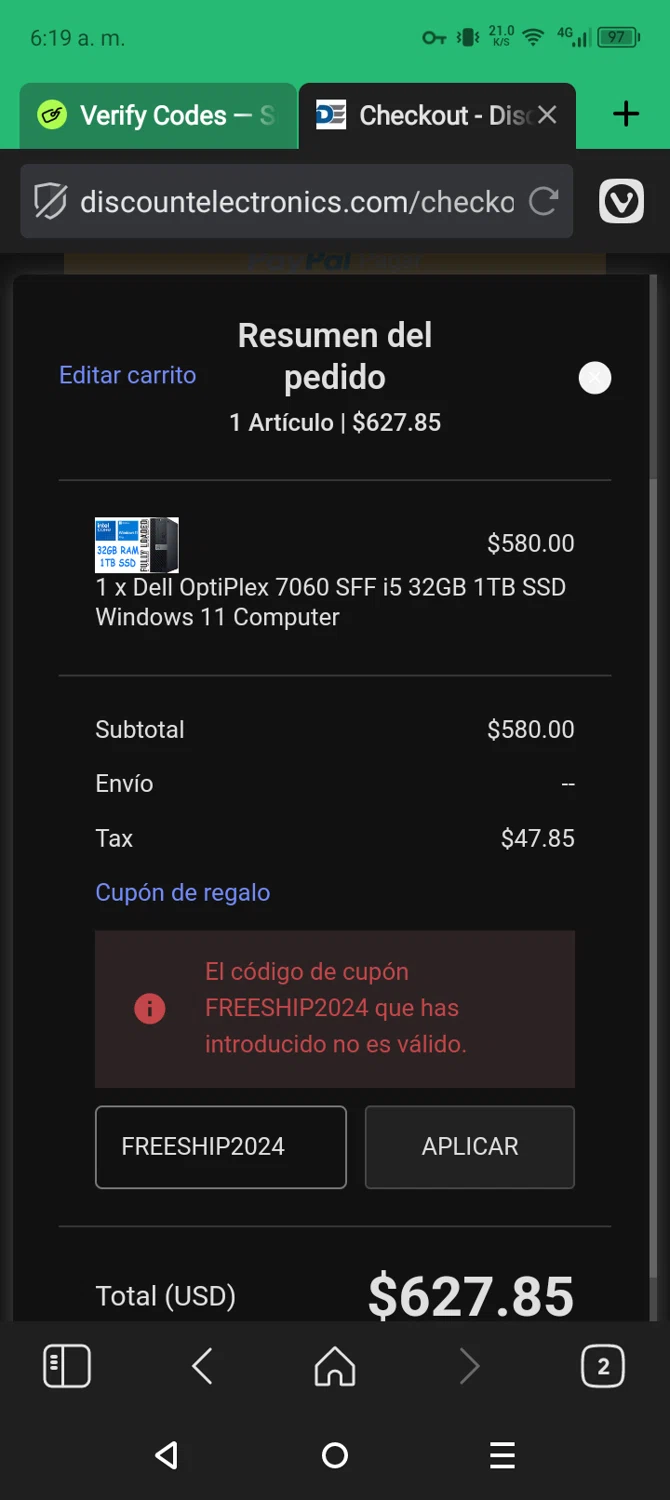 Discount Electronics promo code screenshot showing code FREESHIP2024 applied at Discount Electronics checkout page. Uploaded by SimplyCodes community member CleverLynx6871 on Feb 5, 2025