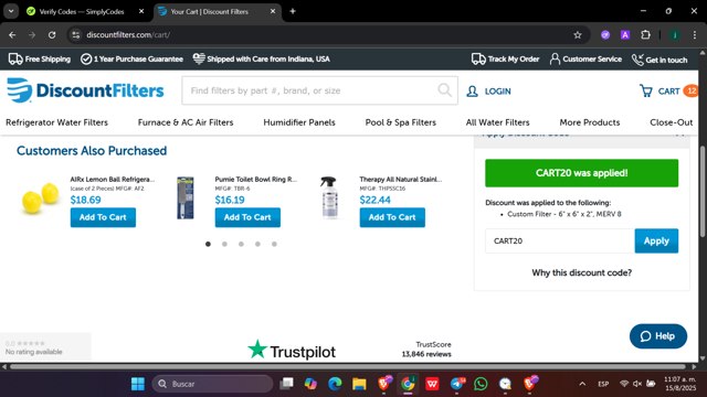 Discount Filters checkout page showing Discount Filters coupon code box | Screenshot taken by SimplyCodes community member on Aug 15, 2025