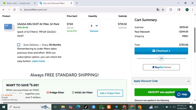 Discount Filters checkout page showing Discount Filters coupon code box | Screenshot taken by SimplyCodes community member on Sep 5, 2025