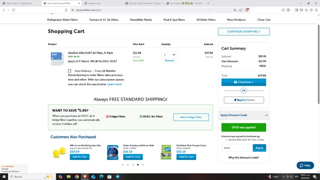 Discount Filters checkout page showing Discount Filters coupon code box | Screenshot taken by SimplyCodes community member on Aug 26, 2025