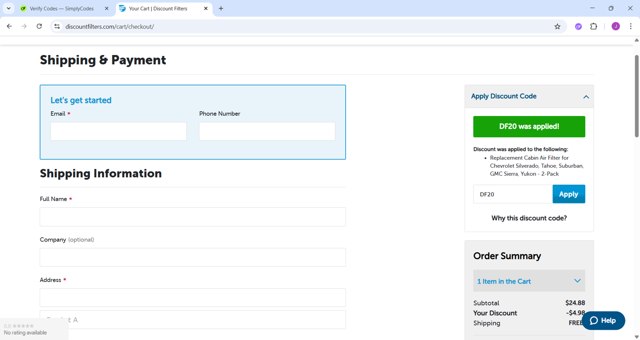 Discount Filters checkout page showing Discount Filters coupon code box | Screenshot taken by SimplyCodes community member on Sep 4, 2025