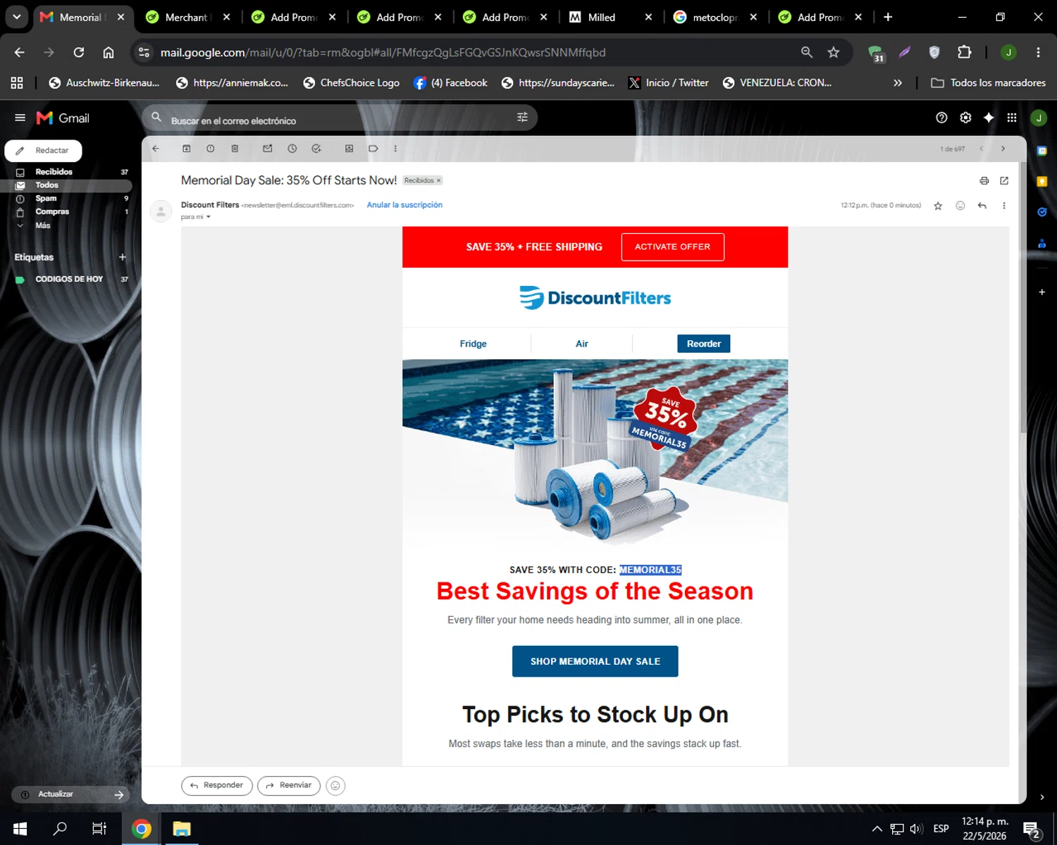 Discount Filters promo code screenshot showing code MEMORIAL35 applied at Discount Filters checkout page. Uploaded by SimplyCodes community member Codehunter on May 22, 2026