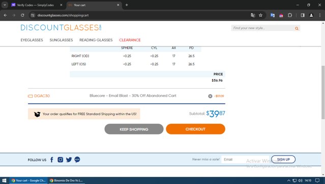 Discount Glasses checkout page showing Discount Glasses discount code box | Screenshot taken by SimplyCodes community member on Feb 17, 2024